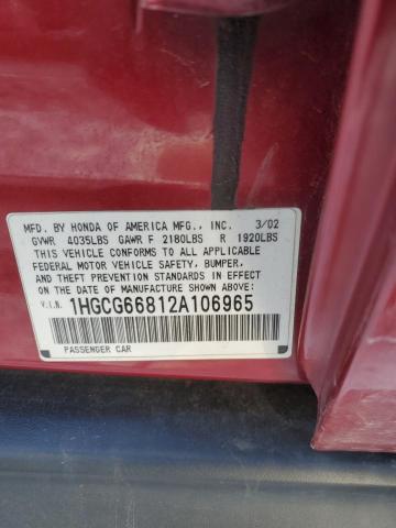 1HGCG66812A106965 - 2002 HONDA ACCORD EX RED photo 12