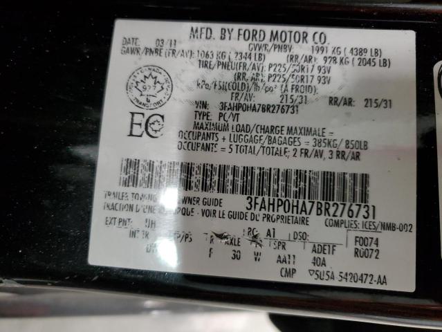 3FAHP0HA7BR276731 - 2011 FORD FUSION SE BLACK photo 13