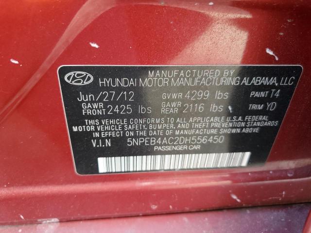 5NPEB4AC2DH556450 - 2013 HYUNDAI SONATA GLS RED photo 12