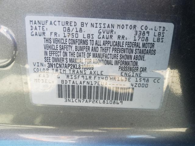 3N1CN7AP2KL810869 - 2019 NISSAN VERSA S  photo 10