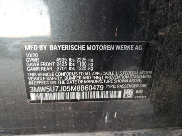 3MW5U7J05M8B60479 - 2021 BMW M340I CHARCOAL photo 12