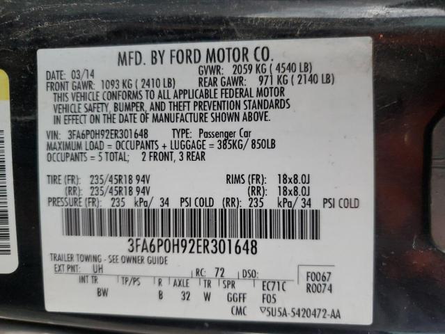 3FA6P0H92ER301648 - 2014 FORD FUSION SE BLACK photo 13