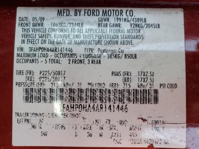 3FAHP0HA4AR141446 - 2010 FORD FUSION SE RED photo 12