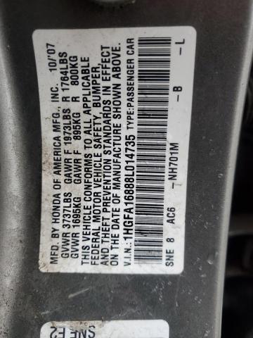 1HGFA16888L014735 - 2008 HONDA CIVIC EX GRAY photo 12