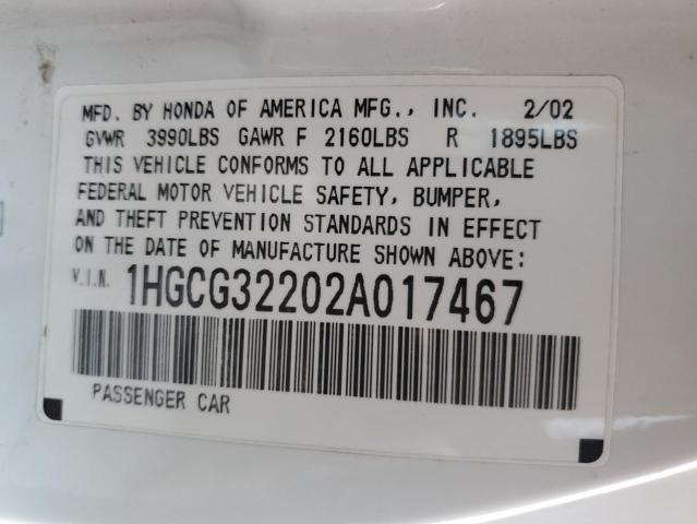 1HGCG32202A017467 - 2002 HONDA ACCORD SE WHITE photo 12