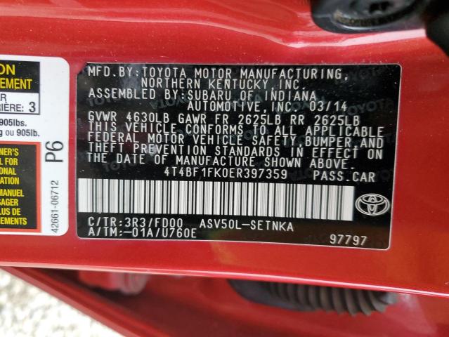 4T4BF1FK0ER397359 - 2014 TOYOTA CAMRY L RED photo 12