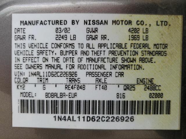 1N4AL11D62C226926 - 2002 NISSAN ALTIMA BASE GRAY photo 12