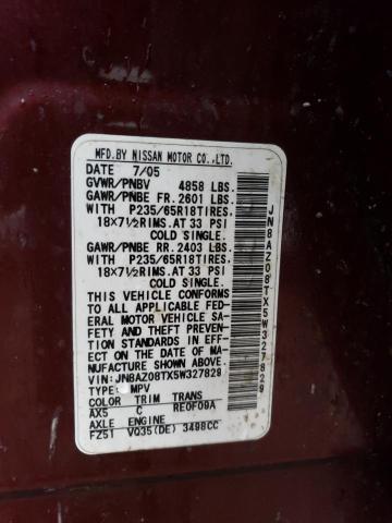 JN8AZ08TX5W327829 - 2005 NISSAN MURANO SL MAROON photo 13