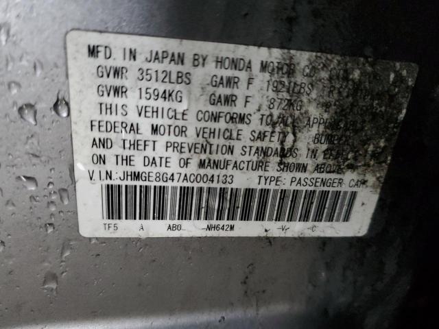 JHMGE8G47AC004133 - 2010 HONDA FIT SPORT SILVER photo 12