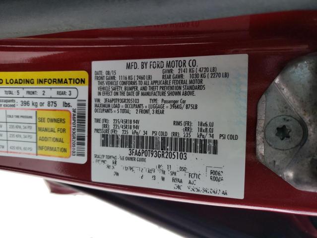 3FA6P0T93GR205103 - 2016 FORD FUSION SE RED photo 12