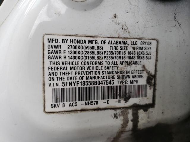 5FNYF18558B047545 - 2008 HONDA PILOT EXL WHITE photo 13