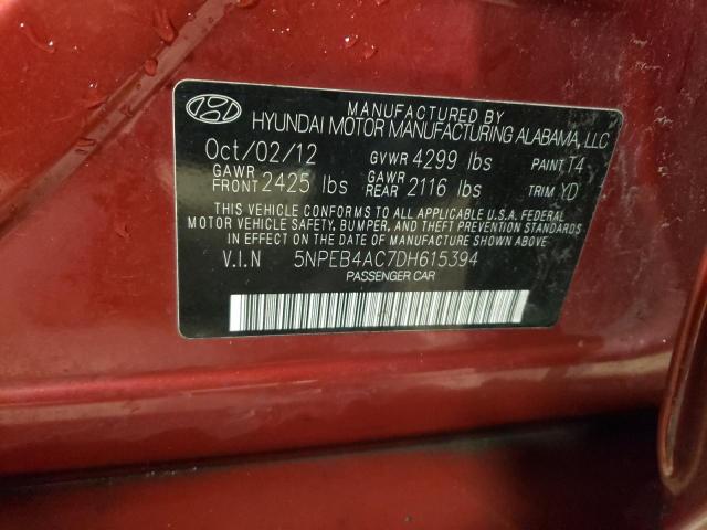 5NPEB4AC7DH615394 - 2013 HYUNDAI SONATA GLS MAROON photo 12