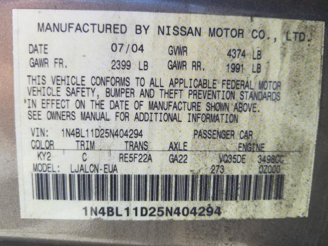 1N4BL11D25N404294 - 2005 NISSAN ALTIMA SE  photo 10