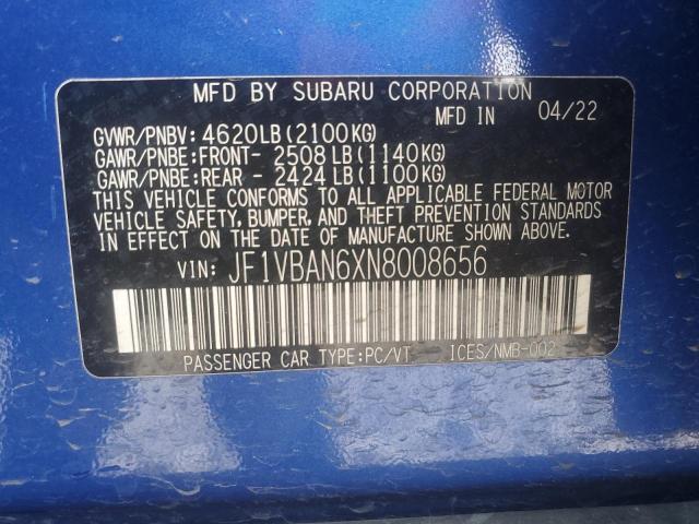 JF1VBAN6XN8008656 - 2022 SUBARU WRX LIMITED BLUE photo 12