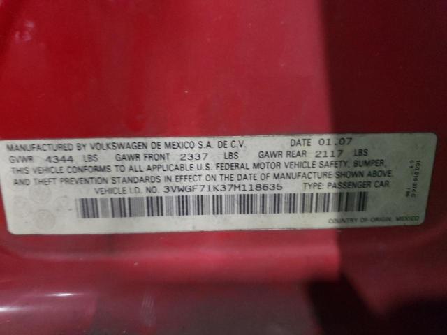 3VWGF71K37M118635 - 2007 VOLKSWAGEN JETTA RED photo 12