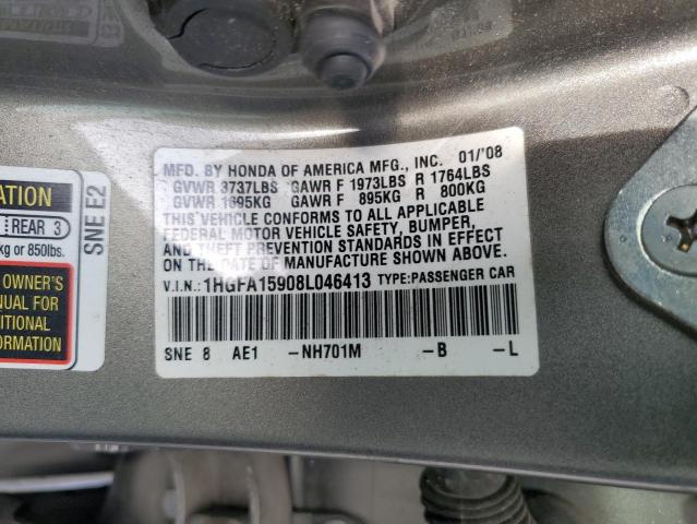 1HGFA15908L046413 - 2008 HONDA CIVIC EXL Boz foto 12