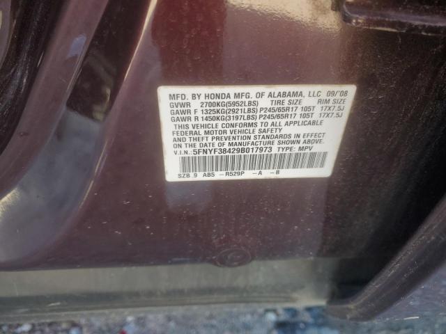 5FNYF38429B017973 - 2009 HONDA PILOT EX PURPLE photo 13