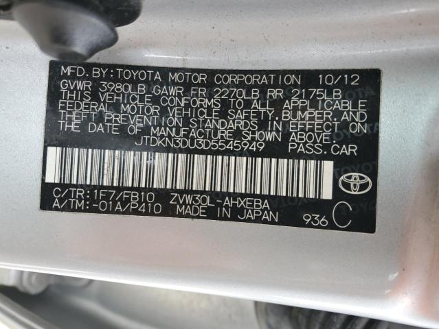 JTDKN3DU3D5545949 - 2013 TOYOTA PRIUS SILVER photo 12