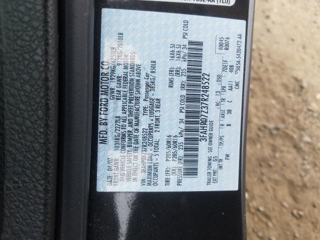 3FAHP07Z37R248522 - 2007 FORD FUSION SE  photo 10