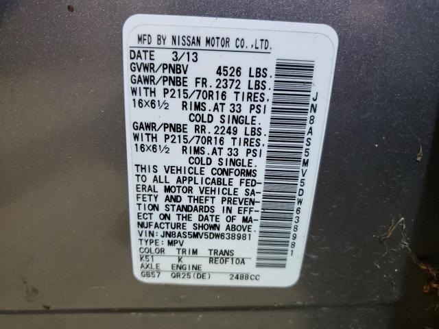 JN8AS5MV5DW638981 - 2013 NISSAN ROGUE S GRAY photo 13