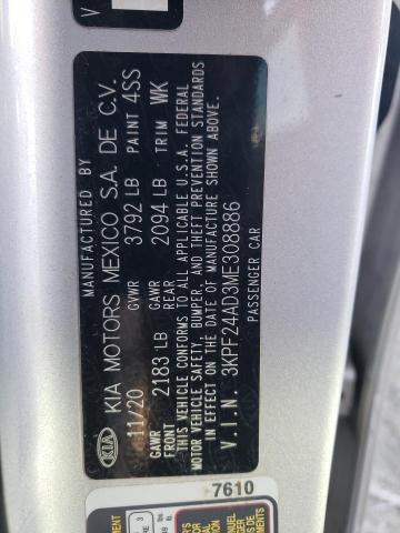 3KPF24AD3ME308886 - 2021 KIA FORTE FE SILVER photo 12