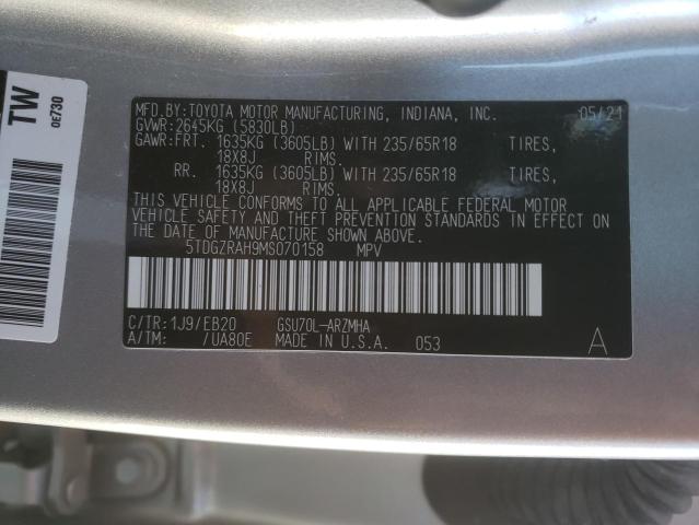 5TDGZRAH9MS070158 - 2021 TOYOTA HIGHLANDER XLE SILVER photo 13