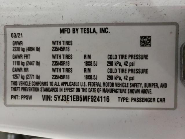 5YJ3E1EB5MF924116 - 2021 TESLA MODEL 3 WHITE photo 12