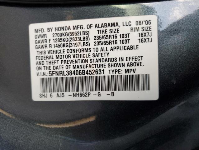 5FNRL38406B452631 - 2006 HONDA ODYSSEY EX GRAY photo 13