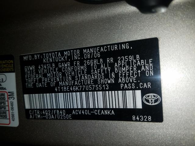 4T1BE46K77U575513 - 2007 TOYOTA CAMRY CE  photo 10