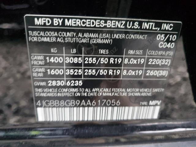 4JGBB8GB9AA617056 - 2010 MERCEDES-BENZ ML 350 4MATIC BLACK photo 12