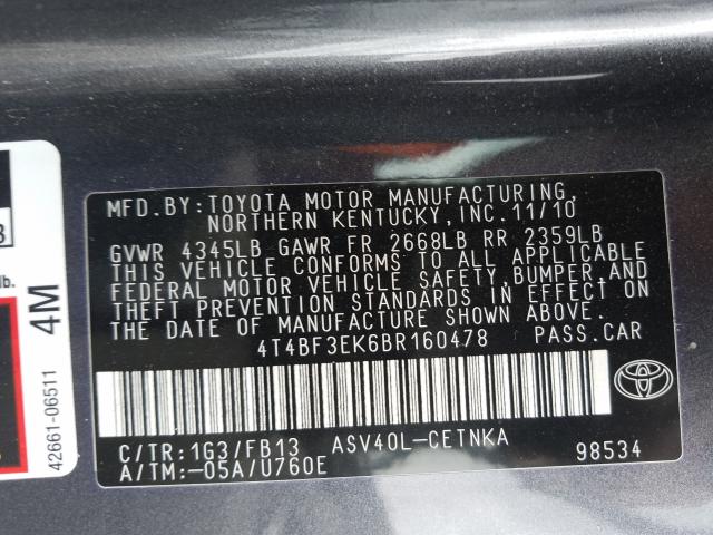 4T4BF3EK6BR160478 - 2011 TOYOTA CAMRY BASE  photo 10