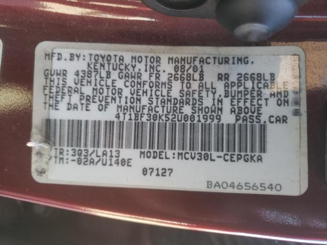 4T1BF30K52U001999 - 2002 TOYOTA CAMRY LE MAROON photo 12