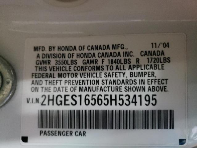 2HGES16565H534195 - 2005 HONDA CIVIC LX WHITE photo 12