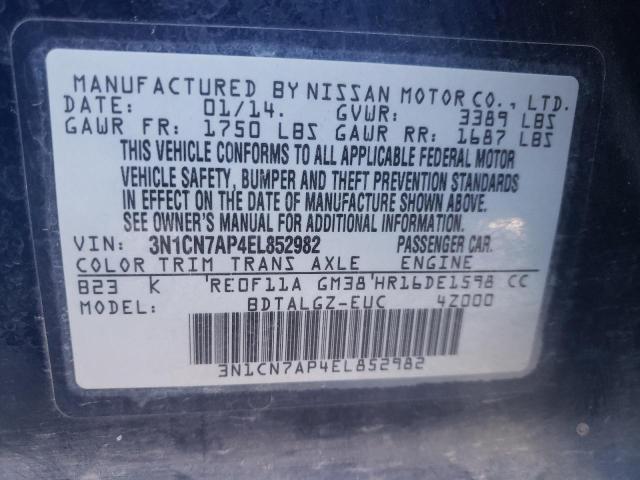 3N1CN7AP4EL852982 - 2014 NISSAN VERSA S BLUE photo 12