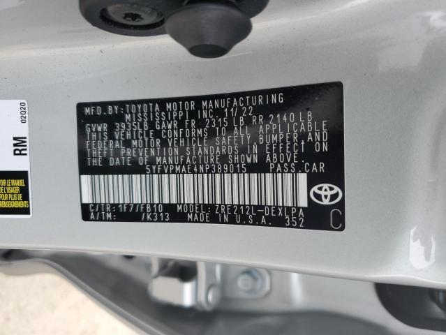 5YFVPMAE4NP389015 - 2022 TOYOTA COROLLA LE SILVER photo 13