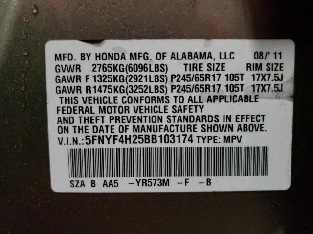 5FNYF4H25BB103174 - 2011 HONDA PILOT LX GOLD photo 13