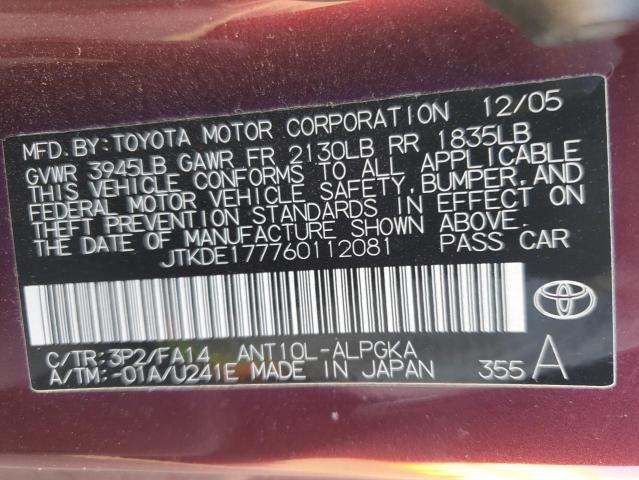 JTKDE177760112081 - 2006 TOYOTA SCION TC 勃艮第红 照片 12