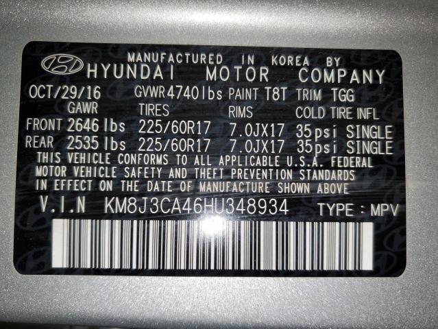 KM8J3CA46HU348934 - 2017 HYUNDAI TUCSON LIMITED SILVER photo 13