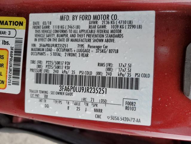 3FA6P0LU9JR235251 - 2018 FORD FUSION SE HYBRID RED photo 13