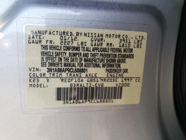 3N1AB6AP9CL688801 - 2012 NISSAN SENTRA 2.0 SILVER photo 12