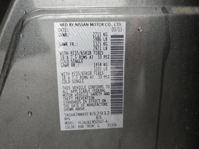 5N1AR2MNXFC652932 - 2015 NISSAN PATHFINDER S 灰色 照片 13