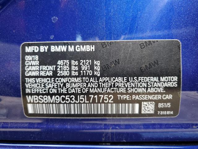 WBS8M9C53J5L71752 - 2018 BMW M3 BLUE photo 12