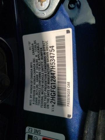 2HGFG12847H534754 - 2007 HONDA CIVIC EX BLUE photo 12