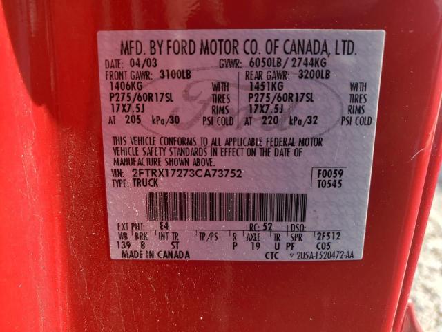 2FTRX17273CA73752 - 2003 FORD F150 RED photo 12