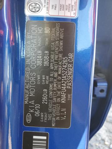 KNAFU4A21A5274265 - 2010 KIA FORTE EX BLUE photo 12