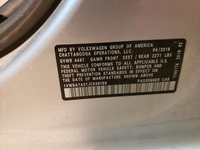 1VWBA7A31JC036798 - 2018 VOLKSWAGEN PASSAT SE SILVER photo 13