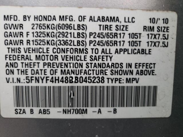 5FNYF4H48BB045238 - 2011 HONDA PILOT EX SILVER photo 12