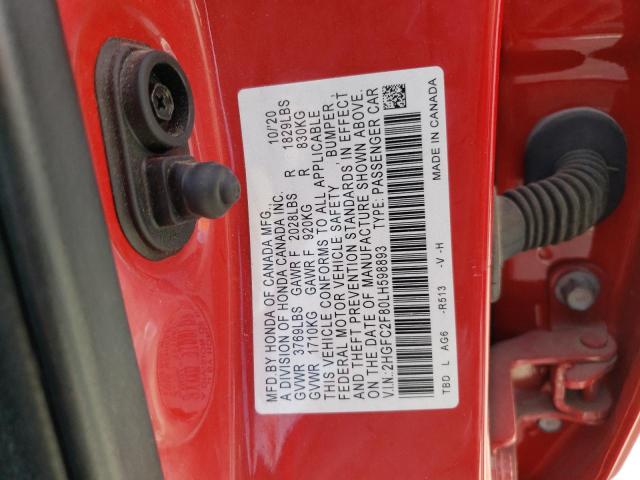 2HGFC2F80LH598893 - 2020 HONDA CIVIC SPORT 红色 照片 12