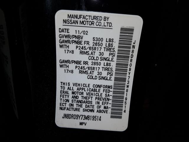 JN8DR09Y73W819514 - 2003 NISSAN PATHFINDER LE  ფოტო 10