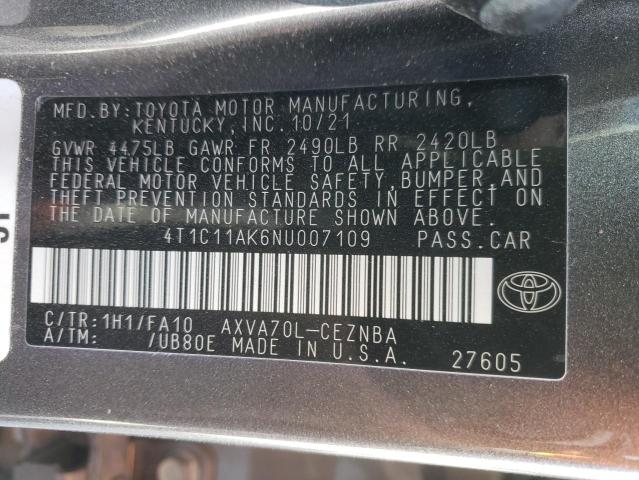 4T1C11AK6NU007109 - 2022 TOYOTA CAMRY LE GRAY photo 13